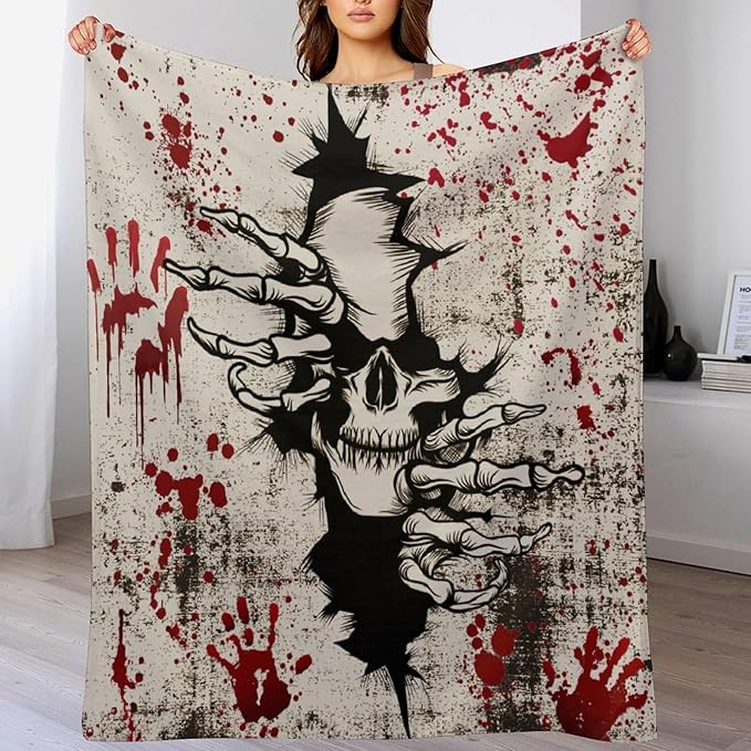 Horror Skull Throw Blanket, Halloween Day of The Dead Vintage Gothic Scary Blood Hand Soft Warm Fleece Blanket for Bed Couch Living Room All Season, 30"x40"