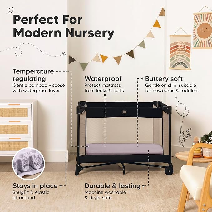 2-Pack Waterproof Pack and Play Sheets, Mini Crib Sheets Fitted for Boy, Girl - 38 x 26 Viscose from Bamboo Pack N Play Mattress Sheets for Graco, Toddler Playard Baby Crib Sheets Neutral (Lilac)