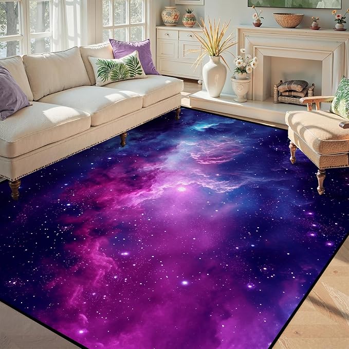 6' x 9' Purple Galaxy Rug Space Rugs Colorful Throw Rug Non-Slip Sun and Cloud Carpet Doormats for Living Room Bedroom Apartment Dorm Floor Mat