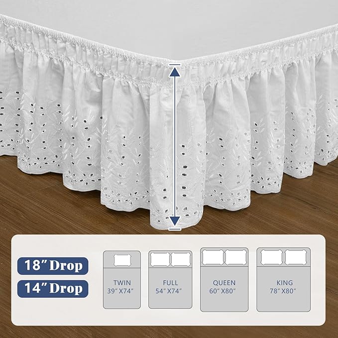 Twin Bed Skirt, Wrap-Around Elastic Ruffled Eyelet Bed Skirt Twin Size Dust Ruffle with Gathered Styling and Embroidered Details, 14" Drop Length (White)
