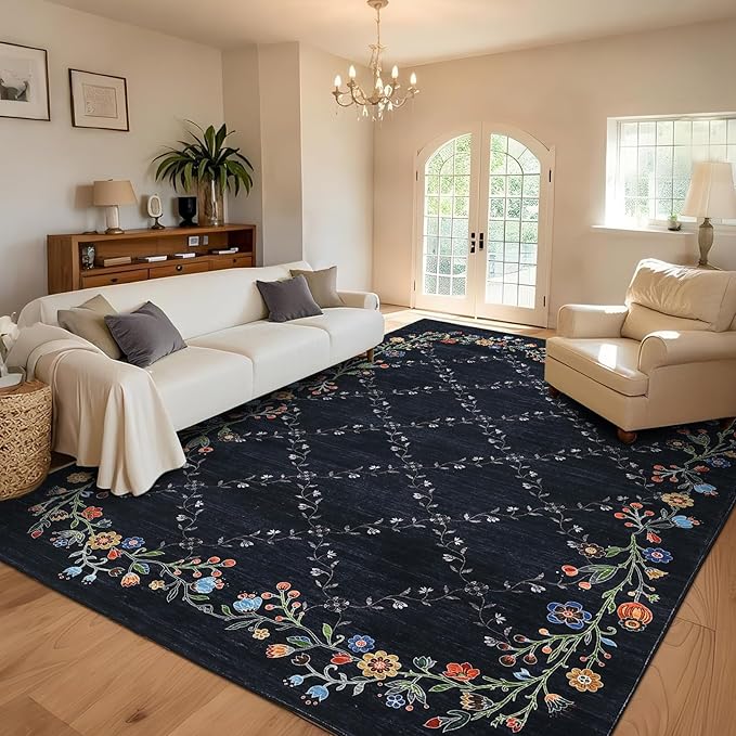GarveeHome 9x12 Washable Floral Area Rugs for Living Room: Modern Floral Non Slip Large Area Rugs for Bedroom, Large Machine Washable Living Room Low Pile Carpet with Non-Slip Backing Black 9'x12'.