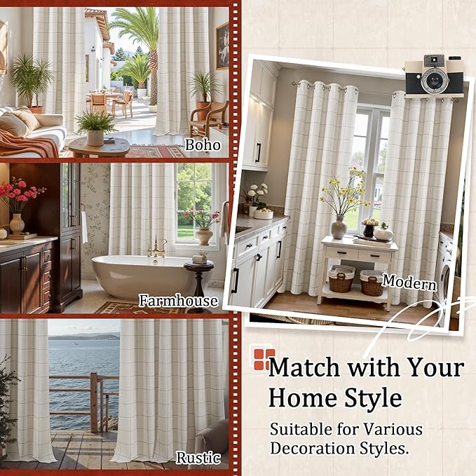Plaid Patterned Curtains Thermal Insulated - 96 Inches Extra Long Total Linen Blackout Curtains for Living Room, Boho Drapery for Farmhouse Bedroom 52x96 Inch 2 Panels, Natural