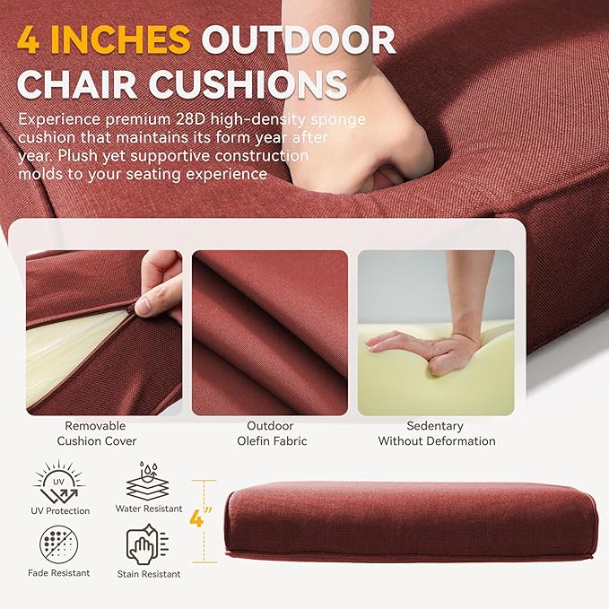 Patio Cushions for Outdoor Furniture - 22" x 25" x 4" UV Resistant Thick Foam Cushions Water Resistant Replacement Cushion for Outdoor Patio Furniture Chair/Sofa/Couch | Red | 4-Pack |