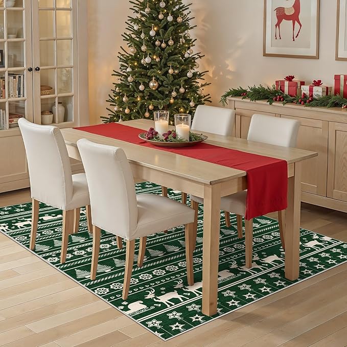 Abstract Living Room Rug 5X7 - Modern Washable Christmas Soft Thin Area Rug for Living Room Bedroom Under Dining Table - Neutral Indoor Floor Rug Carpets for Home Office Playroom Nursery - Dark Green