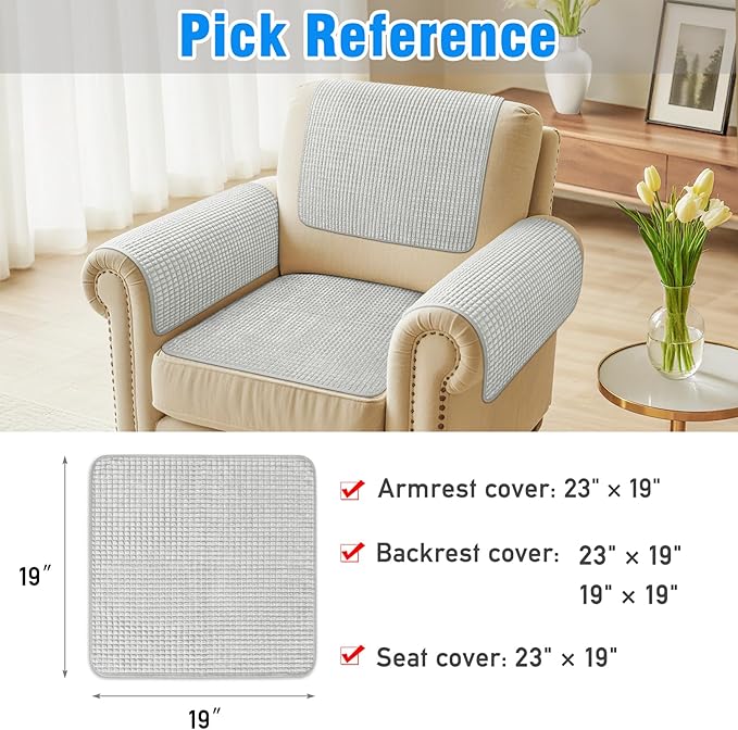 Couch Arm Covers, Sofa Arm Covers, Waterproof Armrest Cover for Sofa, Armchair, Loveseat, Headrest Cover, Non-Slip Recliner Arm Cover, Arm Chair Covers Set of 2 (Light Gray, 19"×19")