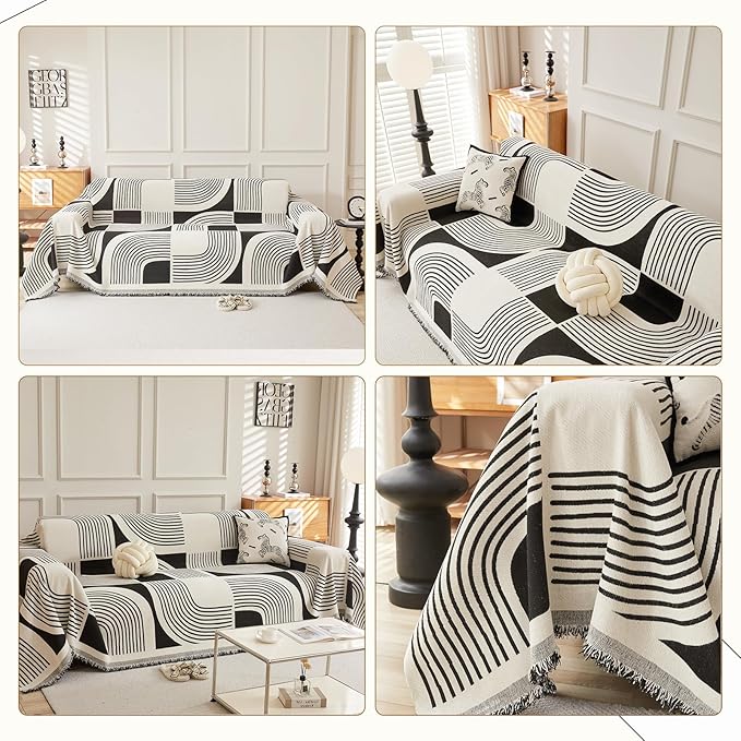 Boho Couch Cover Sofa Covers Washable, Chenille Couch Covers for 3 Cushion Couch Sofa Pet Friendly, Bohemian Sofa Slipcovers for Sectional Sofa, Loveseat, 2 3 4 Seater (71" x 118", Black)