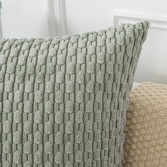Kevin Textile 12x20 Inch Pillow Cover 1 Pack Boho Decorative Soft Striped Corduroy Lumbar Farmhouse Color Accent Rectangle Cushion Case for Living Room Couch Sofa Bed, Greyish Green