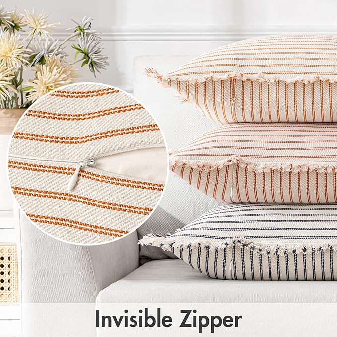 MIULEE Pack of 2 Orange Pillow Covers 18x18 Inch Striped Farmhouse Couch Throw Pillow Covers with Fringe Chic Linen Decorative Cushion Covers for Halloween Sofa Living Room Bed Outdoor Home Decor