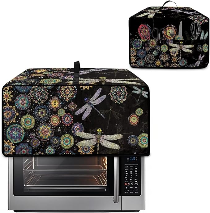 Boho Mandala Dragonfly Print Toaster Oven Cover Dust-Proof Microwave Oven Cloth Cover with Storage Pockets Waterproof Kitchen Machine Covers Case Protections Protector, L