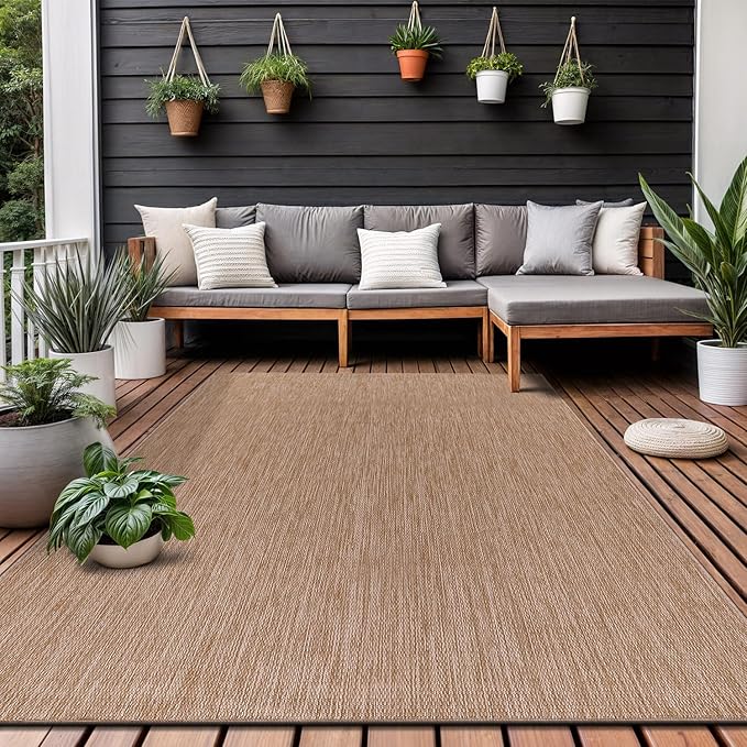 Washable Indoor Outdoor Rug 10x14 Weather Resistant Area Rugs Modern Solid Jute Rug for Porch Deck Balcony Backyard Patio Outside Carpet (10 X 14 Jute Beige)