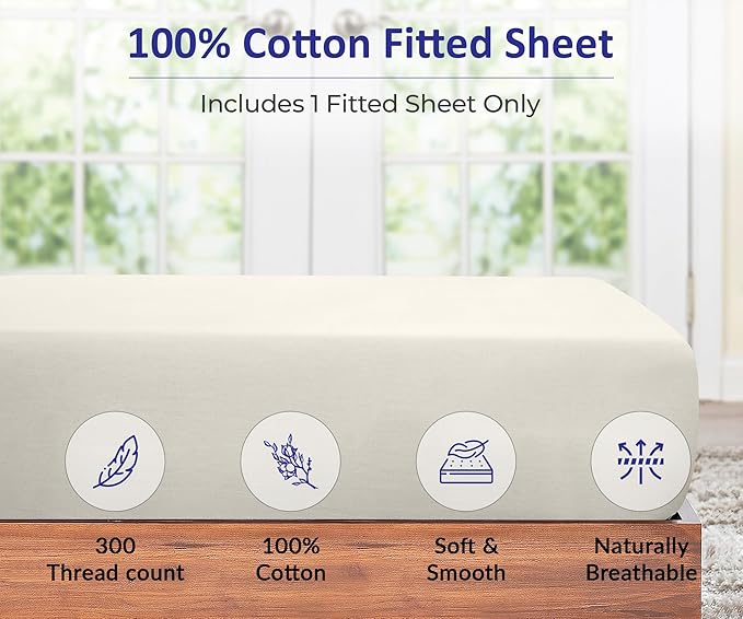 ROYALE LINENS 300 Thread Count 100% Long Staple Combed Cotton Fitted Sheet King - Super Soft Deep Pocket Bottom Sheet - Fitted Sheets Only - Elastic Sheets (King, Cream)