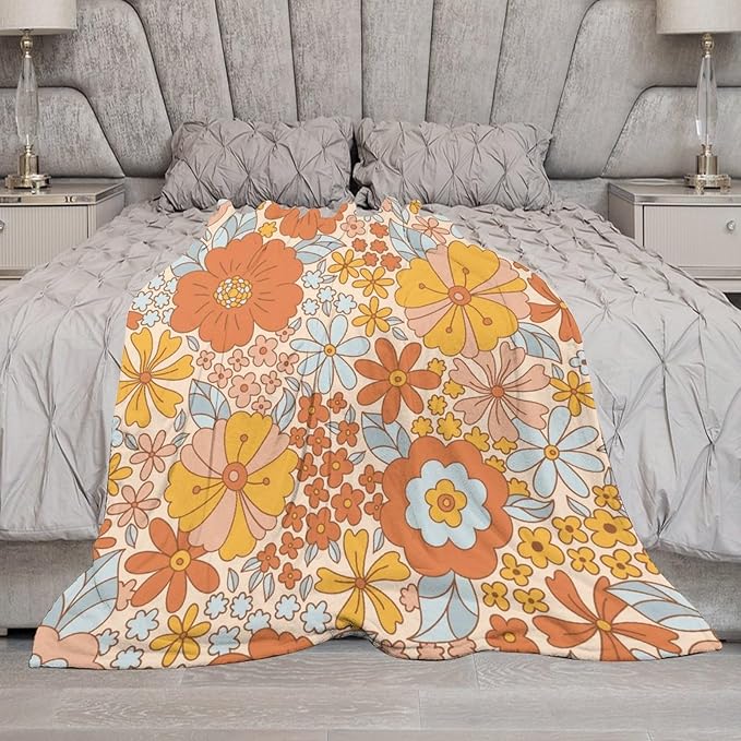 Retro 70s Floral Blanket, Hippie Summer Groovy Flower Power Flower Boho Print Throw Blanket for Couch Sofa Couch Chair 60"x80"