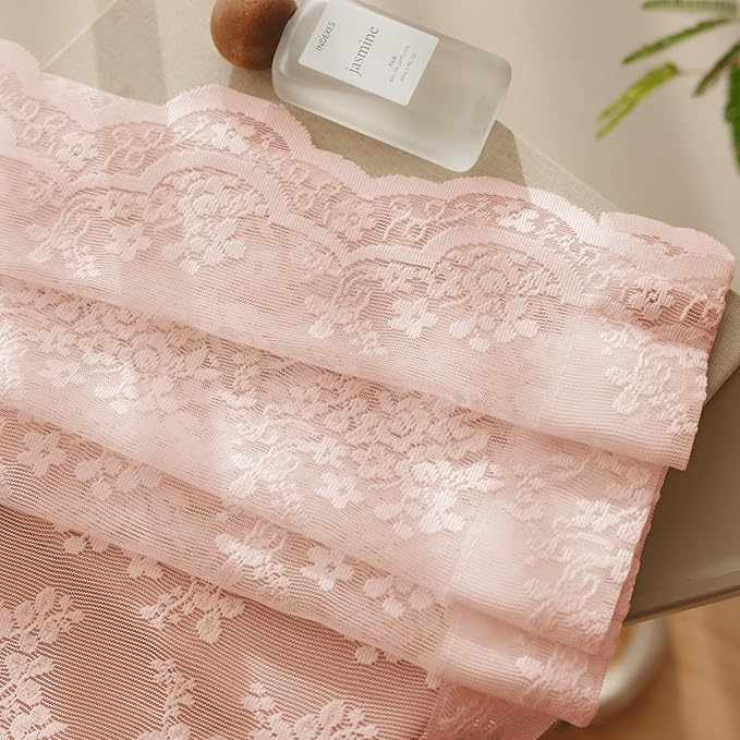 Anmao Vintage Lace Curtains 45 Inches Long 2 Panels Set, Romantic Elegant Light Filtering Semi Sheer Floral Thick Lacy Curtain Drapes for Living Room and Bedroom, Each Panel 55W x 45L, Blush Pink