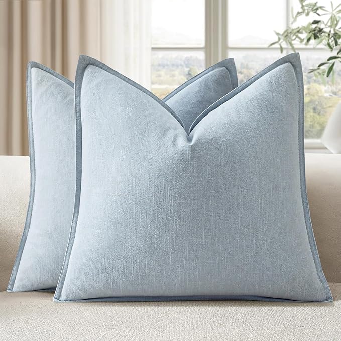 EMEMA Throw Pillow Covers Decorative Linen Pillow Covers 18x18 Inch Light Blue Boho Farmhouse Neutral Couch Throw Pillows for Bed Pack of 2 Accent Pillowcase Modern Sofa Cushion Livingroom Home