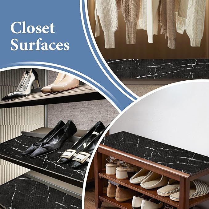 Drawer and Shelf Liner for Kitchen Cabinet: 12 in X 30 Ft Non Slip Waterproof Shelf Paper Non Adhesive Refrigerator Liners Black Marble Easy Liners for Bathroom with Knife Tape Measure