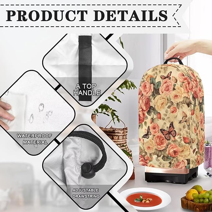 Vintage Roses Butterfly Blender Dust Cover Stand Mixer or Coffee Maker Appliance Covers, Anti Fingerprint Polyester Dust Proof Stain Resistant Blender Cover for Home Kitchen