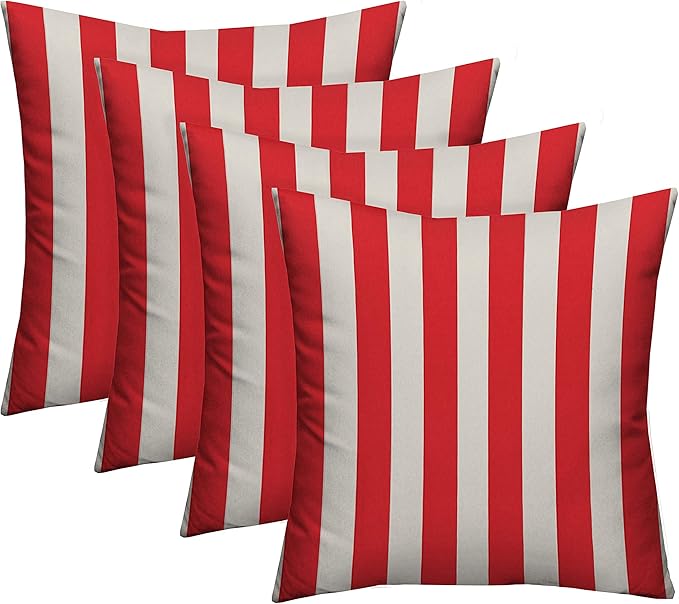 RSH DECOR: Square Throw Pillows Set of 4 | 17” x 17” | All-Weather Spun Fabric | Water and Fade-Resistant | Outdoor Accent Pillows for Patio Furniture | Red & White Stripe