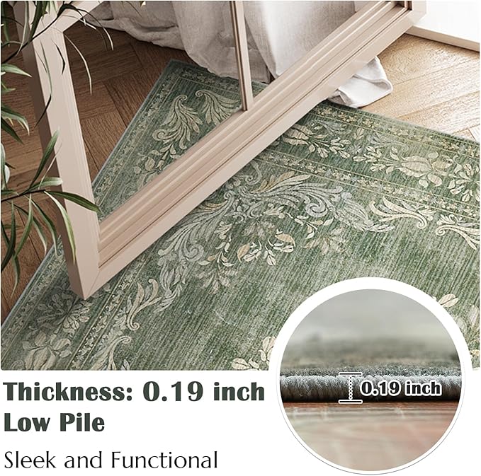 jinchan Vintage Floral Runner Rug 2x5 - Machine Washable Distressed Design Non-Slip Low-Pile Soft Thin Christmas Carpet for Hallway Kitchen Farmhouse Bedroom Entryway Laundry Room (2x5ft, Dark Green)
