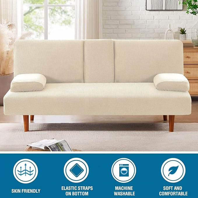 H.VERSAILTEX 4 Pieces Stretch Futon Covers Sofa Bed Slipcover with Removable Armrests and Cupholders Covers Furniture Protector High Spandex Small Checks Jacquard Fabric, Natural