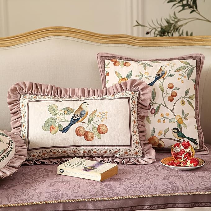 Rectangle Pink Farmhouse Throw Pillow Covers Pack of 2,Birds and Flowers Pattern Cozy Velvet Pillowcases,Decor Lumbar Pillows Cushion Covers for Couch Sofa Bed Car Chair,12"x20"