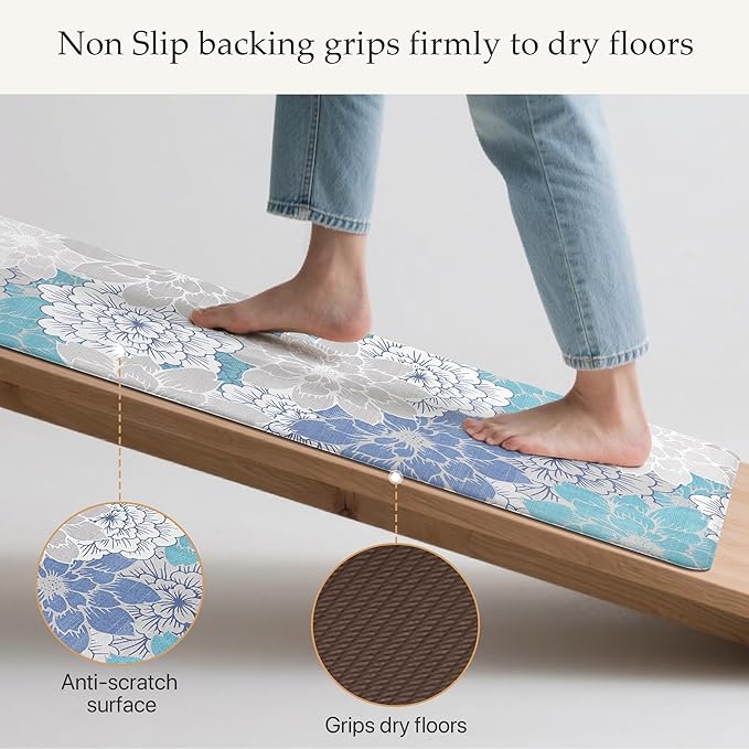 GENIMO Kitchen Mats for Floor, Kitchen Rugs Non Slip Washable Sets of 2, Waterproof Cushioned Anti Fatigue Mat, Floral Runner Rug for Laundry, Sink, Office, Home, 17.3"x47"+17.3"x30", Sky Blue