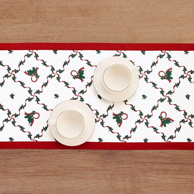 Solino Home 100% Pure Linen Christmas Table Runner 72 Inches Long - Red and Green Table Runner 14 x 72 Inch - Handcrafted and Machine Washable - Holly Ribbon Print