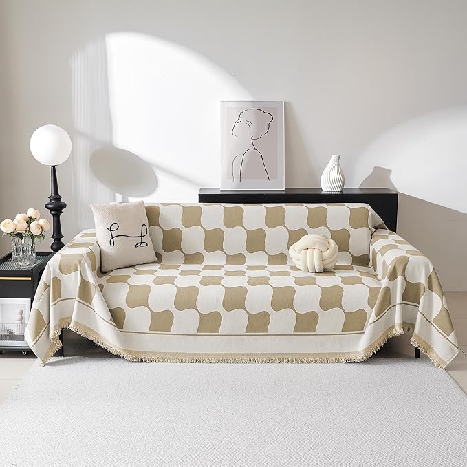 MEETSKY Sofa Cover Washable Sectional Couch Cover, X-Large Couch Slipcovers for Reclining Couch 2 Seat ，Washable Sofa Protector Decorative Modern Style for Living Room, 71" x 118", Khaki Checkerboard