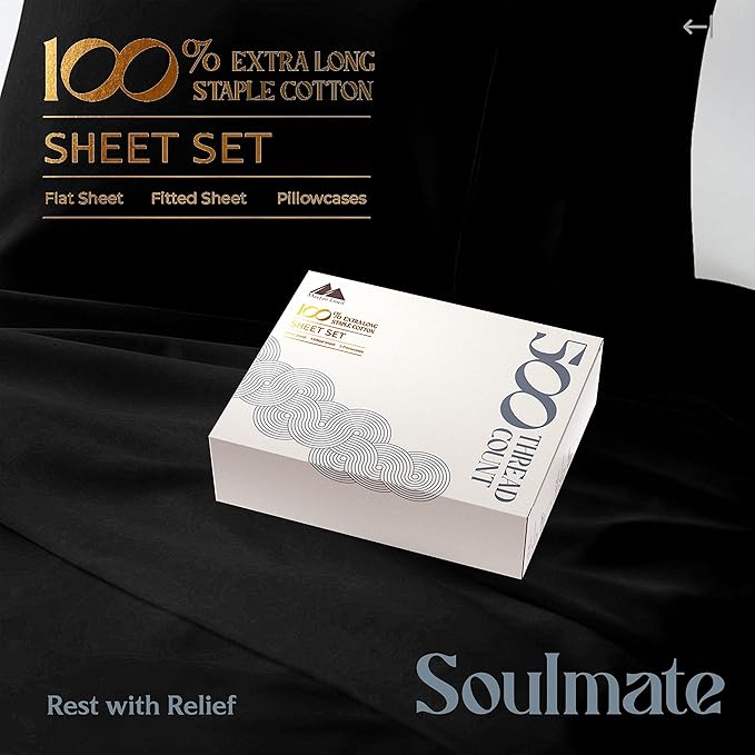 Mayfair Linen 500 Thread Count Twin XL Cotton Sheets - 3 PC Twin XL Size Bed Sheet Set Cotton (Black), Soft, Cooling, Sateen Hotel-Quality 16" Deep Pocket Bedsheet for Hot Sleepers (Fits 18" Mattress)