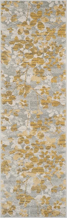 SAFAVIEH Evoke Collection 2'2" x 7' Grey / Gold EVK236P Floral Non-Shedding Living Room Entryway Foyer Hallway Bedroom Runner Rug