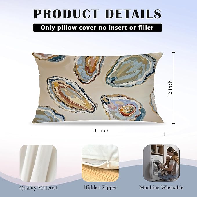 Abstract Oyster Coastal Beach Pillow Covers 12x20, Beachy Room Decor Aesthetic, Retro Coastal Ocean Oyster Shell Decorative Lumbar Pillow Covers for Home Bedroom Living Room