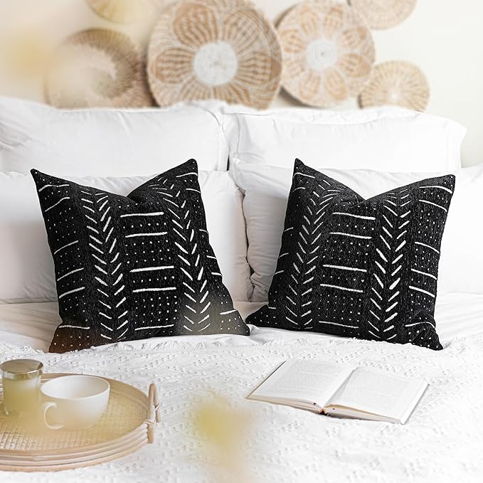 BlissBlush Black Decorative Throw Pillow Covers 18X18, Set of 2, Boho Farmhouse Cushion Cover, Cozy Soft Accent Pillowcase for Couch Sofa Bed Living Room Home Décor