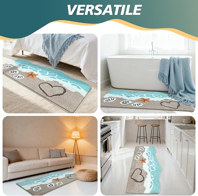 Beach Bathroom Rugs Soft Absorbent Ocean Wave Bath Mat with Non-Slip Backing Coastal Decor for Bathroom Kitchen Entryway, Blue Sea Design with Starfish Shells Pattern Bath Decor (C, 24"x47")