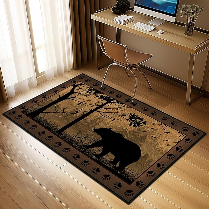 Rustic Area Rug 3x5,Bear Country Cabin Wildlife,Ultra-Thin Washable Throw Carpet Brown Rugs for Bedroom Indoor Vintage Rugs Non Slip Accent Floor Carpets for Bedside,Entryway,Living Room,Office