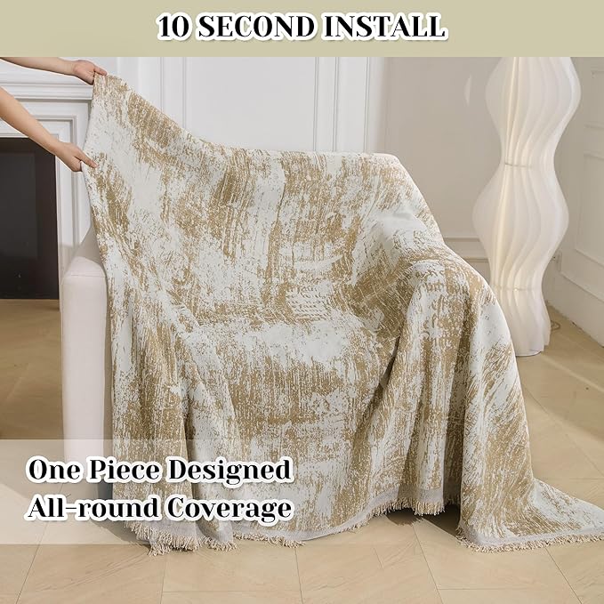 MEETSKY Small Couch Cover Oversized Recliner Covers Washable Armchair Sofa Cover for Dog, Chenille Khaki Abstract Geometric Jacquard Sofa Throw Cover Durable Modern Single Sofa Slipcovers, 71" X 91"