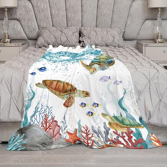 Sea Turtle Throw Blanket, Teal Blue Ocean Underwater Animal Starfish Fish Nautical Coastal Theme Fleece Flannel Blanket for Couch Sofa Bedroom Adults Kids, 60"x80"