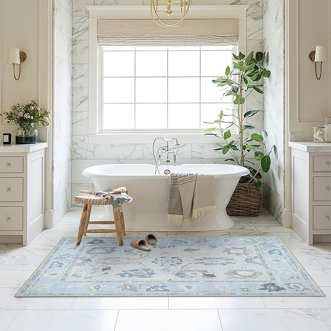 Fame Living Cream Blue Oushak Rug, Modern, Vintage, Turkish, Eclectic, Floral, Pastel, Washable, Area Rugs for Living Room, Dining, Bedroom, Office, Entryway, Foyer, Playroom, Nursery, 5'x6'9"