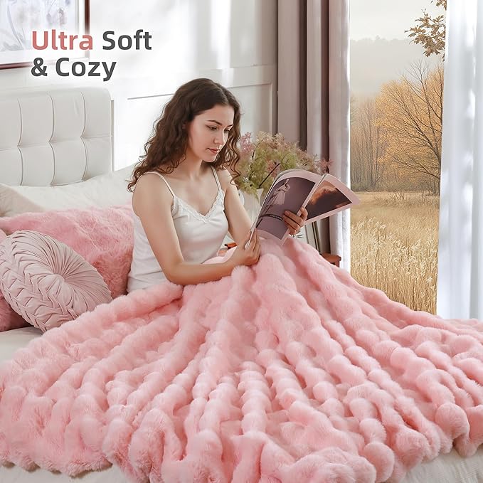 Smoofy Faux Fur Throw Blanket for Couch – Blush Pink Fluffy Cozy Rabbit Fleece, Plush Soft Bubble Blanket for Sofa & Bed, for Mom, Warm Fuzzy Home Room Decor Throw 50" x 60"