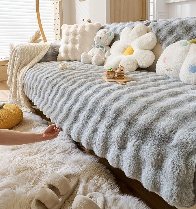 Faux Fur Couch Cover Fuzzy Soft Plush Thick Bubble Sofa Cover Luxury Sectional Couch Covers Luxury Anti-Slip Sofa Slipcover Washable Furniture Protector (Light Grey,36"x47")