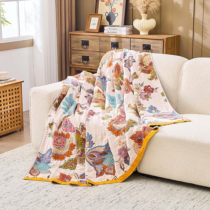 Summer Throw Blanket for Bed, 60"x80" Boho Throw Blankets 100% Cotton Quilts Farmhouse Decoration Warm Soft Blanket Muslin Bed Blankets for Couch Chair
