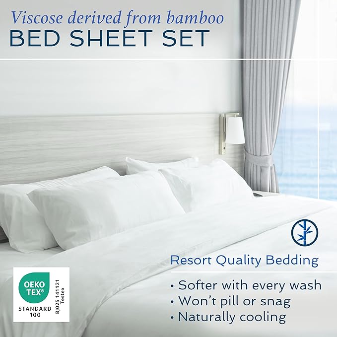 Hotel Sheets Direct 4 Piece Bed Sheet Set California King Size, 100% Viscose Derived from Bamboo Sheets Set with 2 Pillowcases, Cooling & Breathable Luxury Bedding, Moisture-Wicking, Silky Soft, White