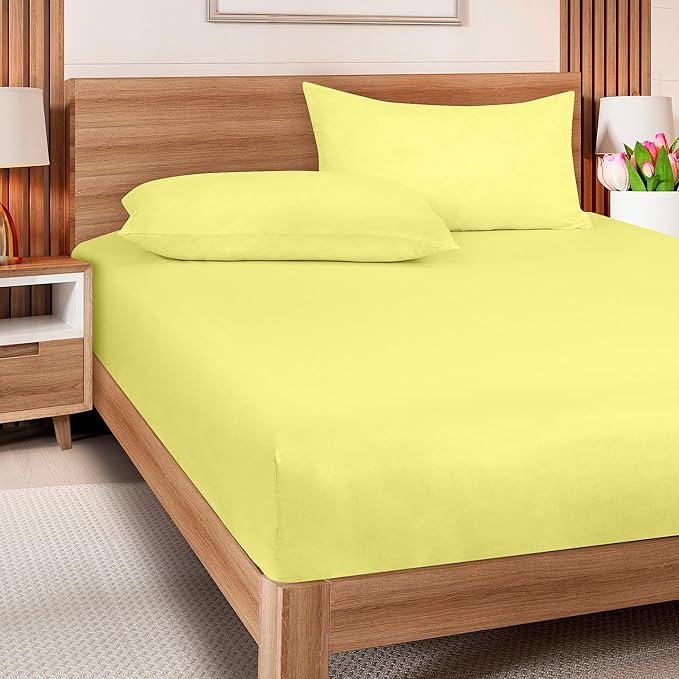 ROYALE LINENS 300 Thread Count 100% Long Staple Combed Cotton Fitted Sheet Queen - Super Soft Deep Pocket Bottom Sheet - Fitted Sheets Only - Elastic Sheets (Queen, Yellow)