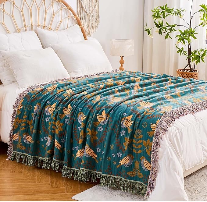 Yellow Boho Throw Blanket, 100% Cotton Blankets for Couch Bed, 80"x90"Cotton Quilt Travel Muslin Blankets Farmhouse Home Decor Soft Lightweight Picnic Blanket for Summer