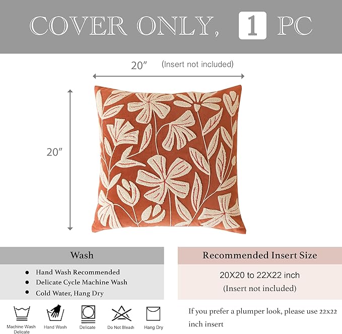 BlissBlush Fall Throw Pillow Cover 20x20, Rust Brick Red Soft Velvet Floral Decorative Accent Throw Pillowcase, Tufted Farmhouse Pillowcase for Couch Sofa Living Room Home Décor