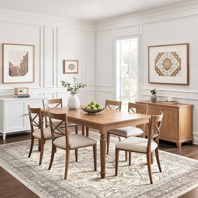 6x8 Area Rug Living Room: Washable Boho Large Neutral Vintage Soft Rugs Stain Resistant Farmhouse Non-Slip Indoor Floor Carpet for Bedroom Nursery Kids Playroom Office Dining Room- Beige Brown
