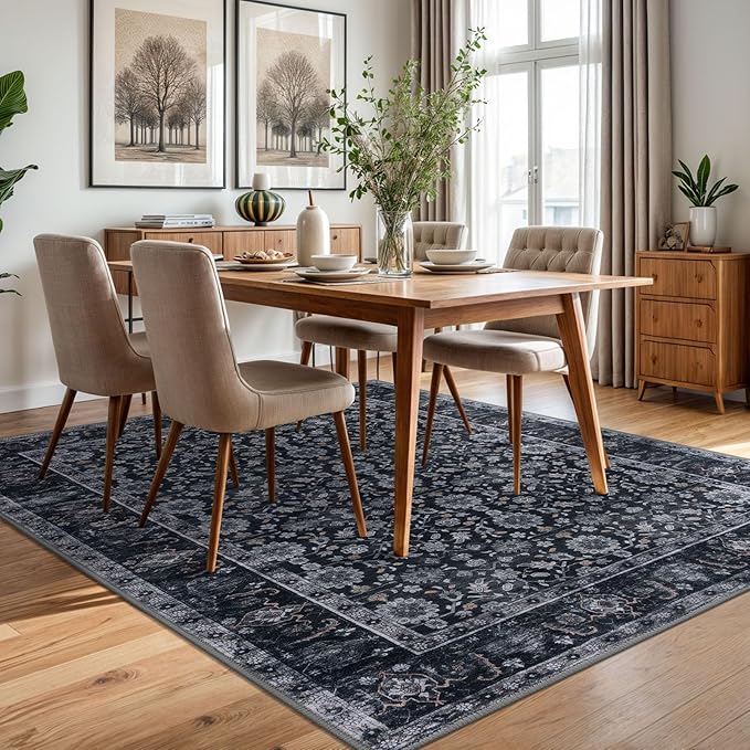 KUTA 5x7 Area Rugs, Vintage Washable Rugs for Living Room Black Grey Orange Ultra Thin Soft Non-Slip Printed Distressed Traditional Farmhouse Carpet for Bedroom Dining Room Dorm Office Home