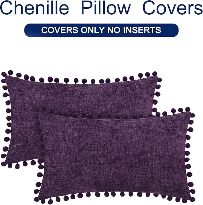 CaliTime Throw Pillow Covers Decorative 20 X 12 Inches Pack of 2 Cozy Solid Dyed Soft Chenille Cushion Cases with Pom Poms for Couch Sofa Bed Living Room Home Plum Purple