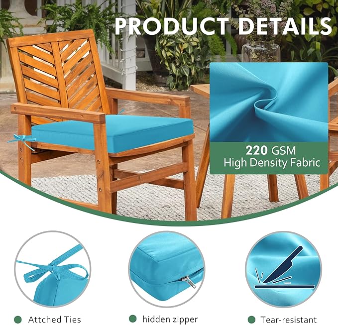 Outdoor Chair Cushions Set of 2: Waterproof & Color Fastness Seat Cushion for Patio Furniture - 22 x 22 x 3 Inch Chair Pads with Ties and Hidden Zipper - Patio Chair Cushion Replacement, Teal