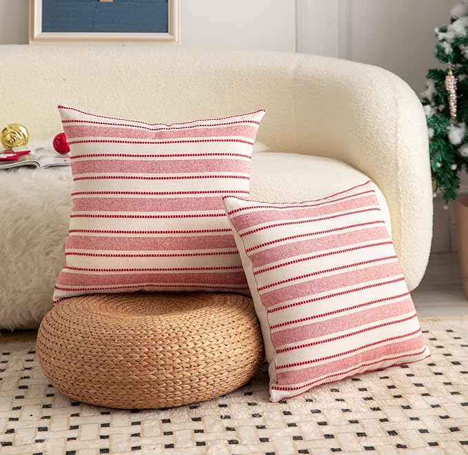 Christmas Pillow Covers, Boho Textured Red Pillow Case, Pillow Covers 18 x 18 Inch Set of 2 Christmas Decorative, Chair Sofa Bedroom Living Room Home Holiday Decor Cushion Case