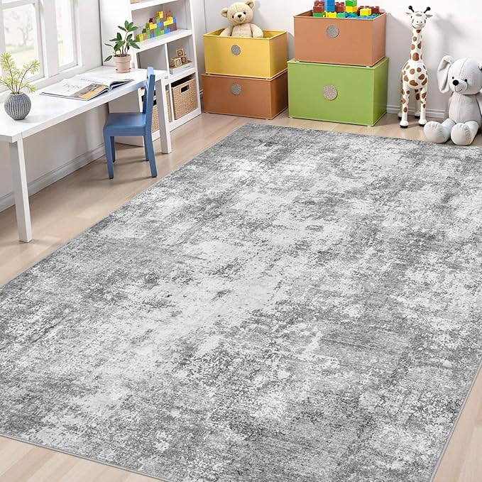 Washable 6X9 Area Rug: Modern Abstract Soft Non-Slip Indoor Rugs Home Decor - Low Pile Stain Resistant Carpet for Living Room Bedroom Dining Room Playroom Office(Grey,6'X9')