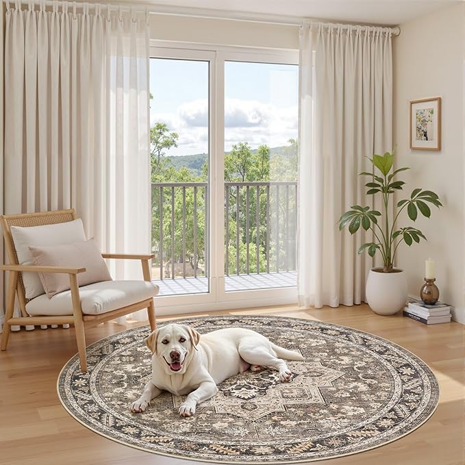 6ft Round Vintage Living Room Area Rug - 6x6 Large Soft Washable Oriental Traditional Distressed Farmhouse Rugs for Bedroom - Indoor Floor Accent Carpet for Home Office House Decor - Brown